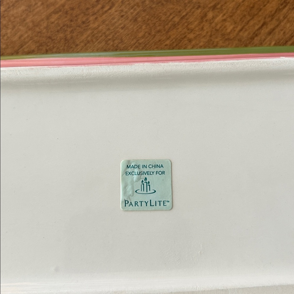 PartyLite White Ceramic Tray with Pink and Green Trim - Picture 4 of 4